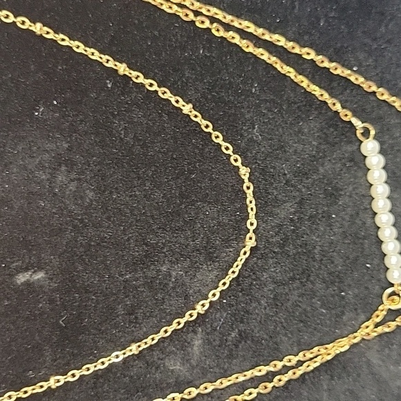 Pearl Faux Bar Gold Tone 3 Strand Layered Necklace - Picture 3 of 4